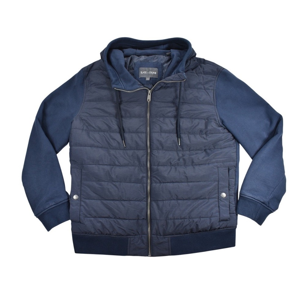 Slate & Stone Mens Navy Blue Quilted Hybrid Puffer Hooded Jacket Large
